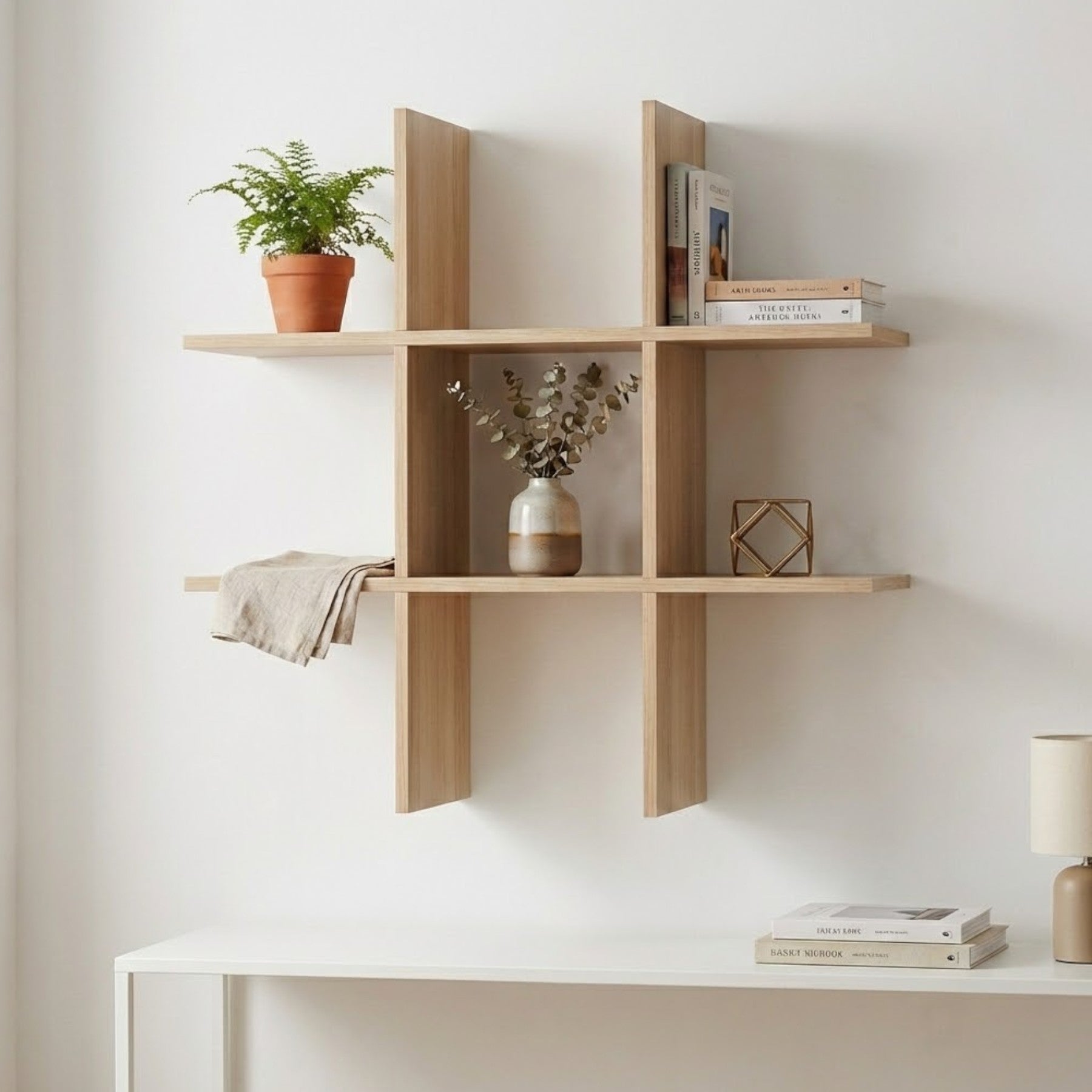 Modern Oak Cross Wall Shelf Unit