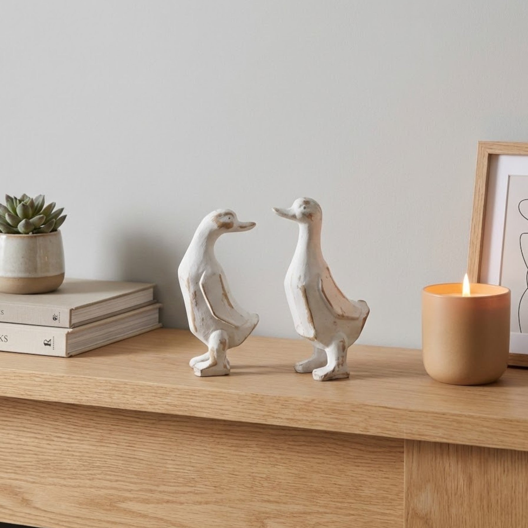 Duo White Washed Wooden Ducks