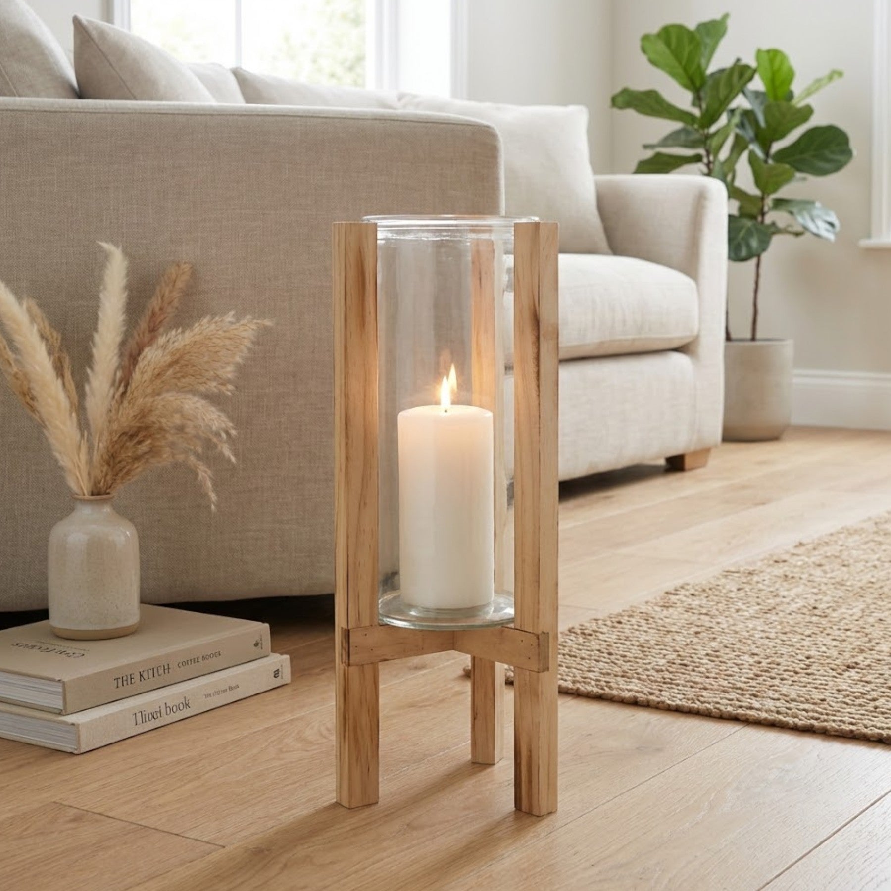 Glass Hurricane on Wood Stand Lantern