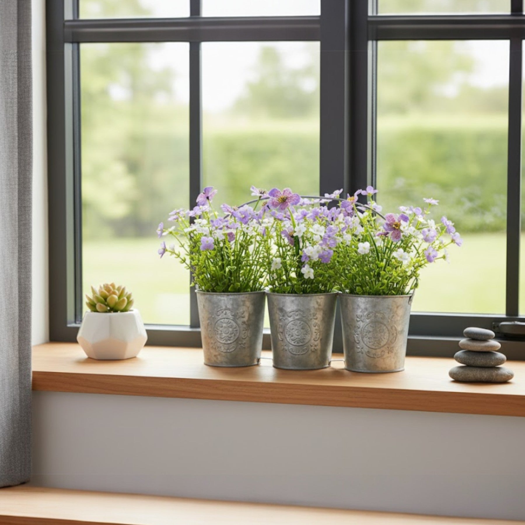 Triple Faux Flowers Tin Planter Decoration