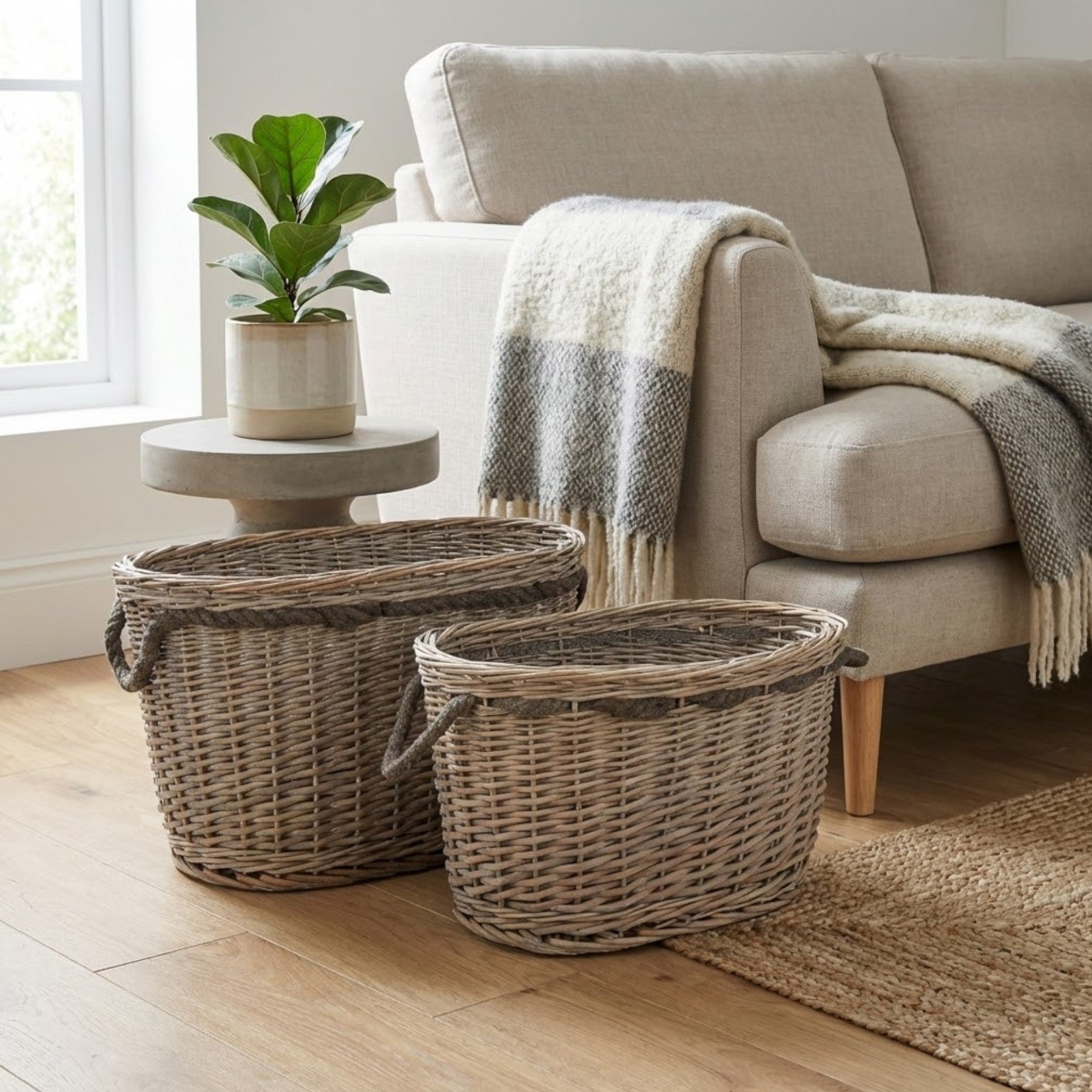 Duo Oval Grey Wash Log Storage Basket