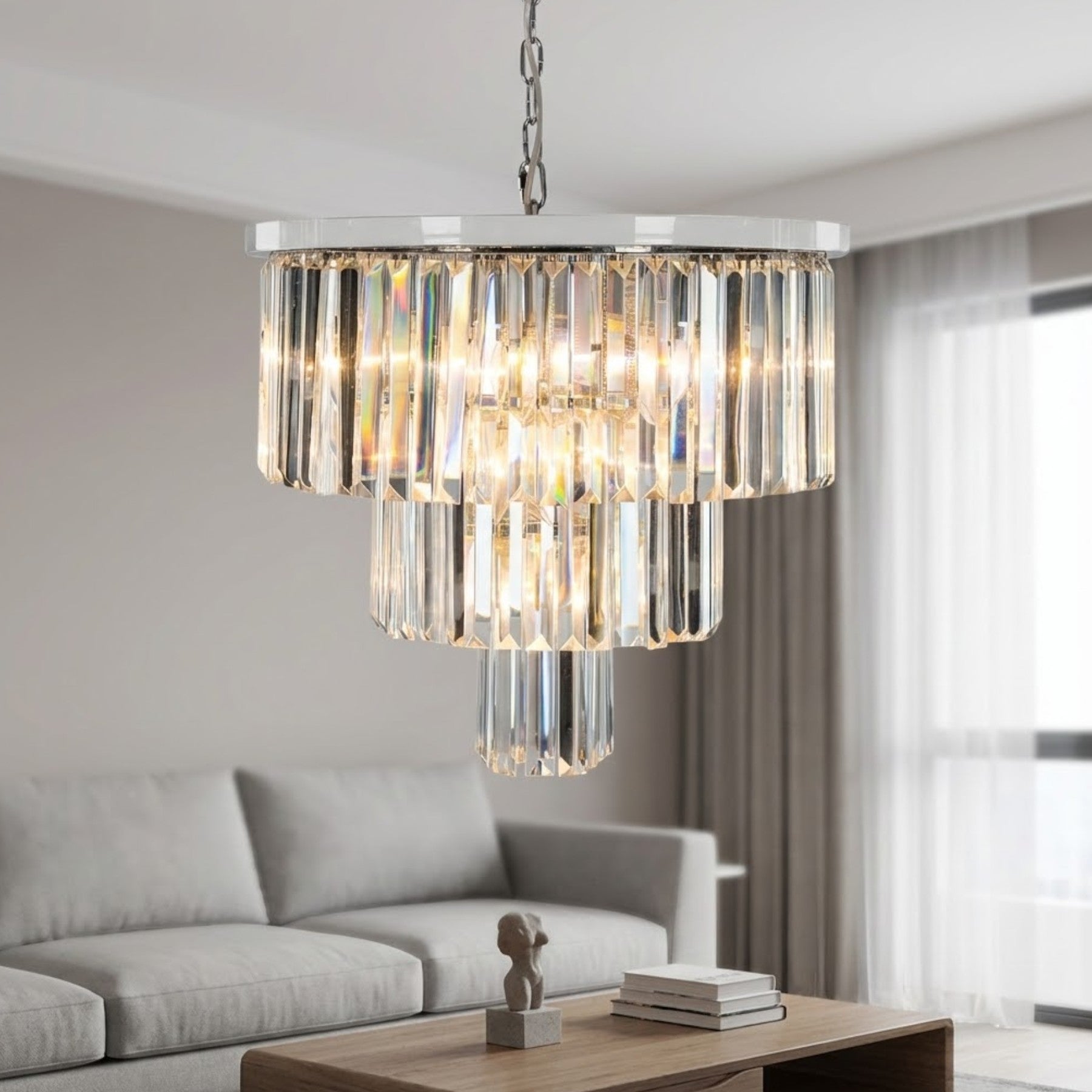 Hanging Chrome Prism Drop Cascade Chandelier