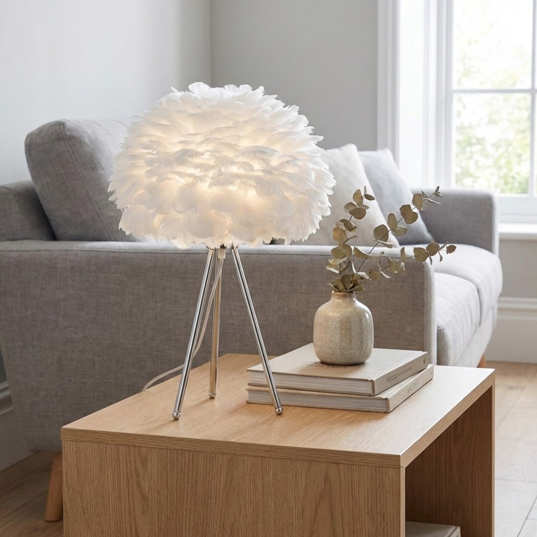 Chrome Tripod Feather Shade Lamp