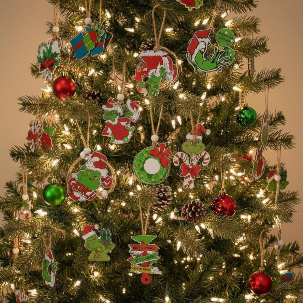 18 Pack Hanging Wooden Grinch Decorations