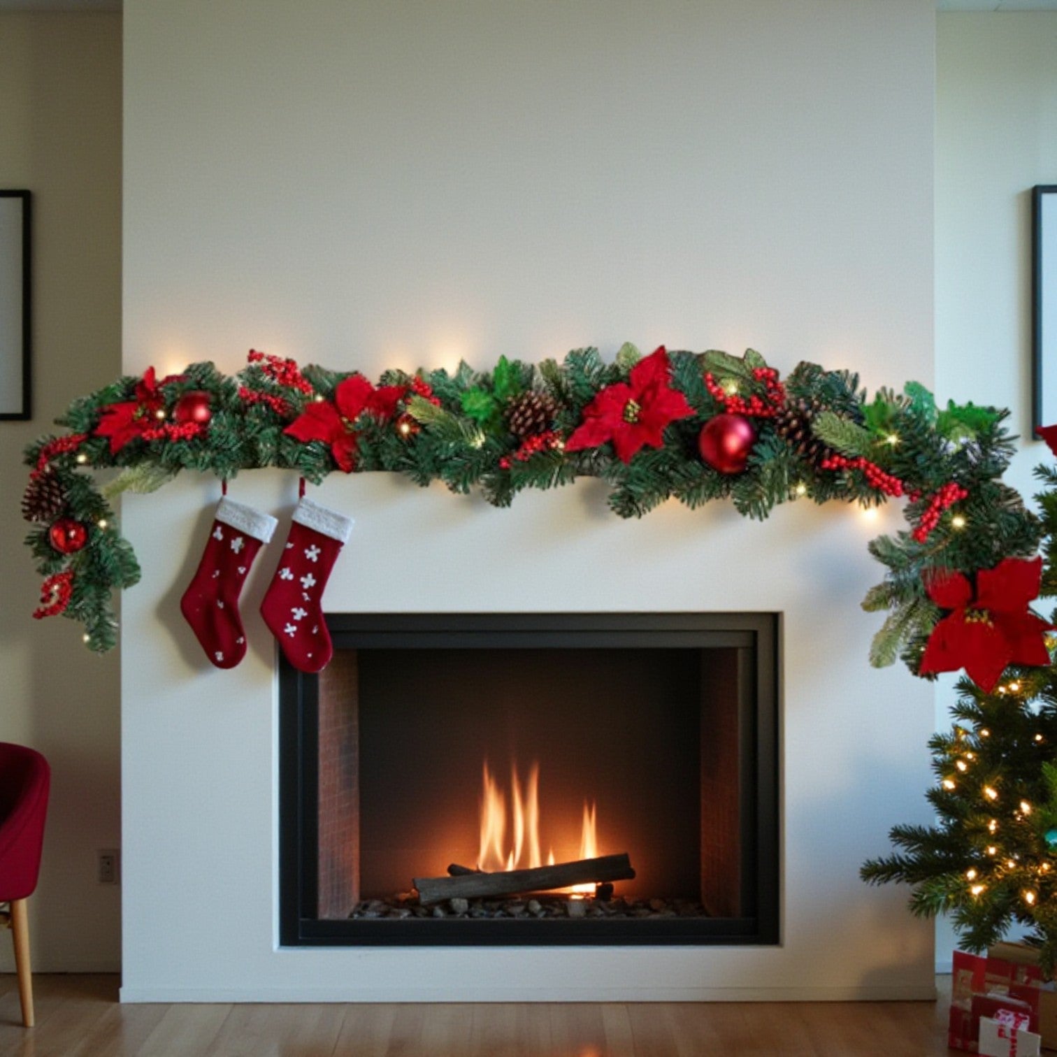 6ft Light Up Red Poinsettia Garland