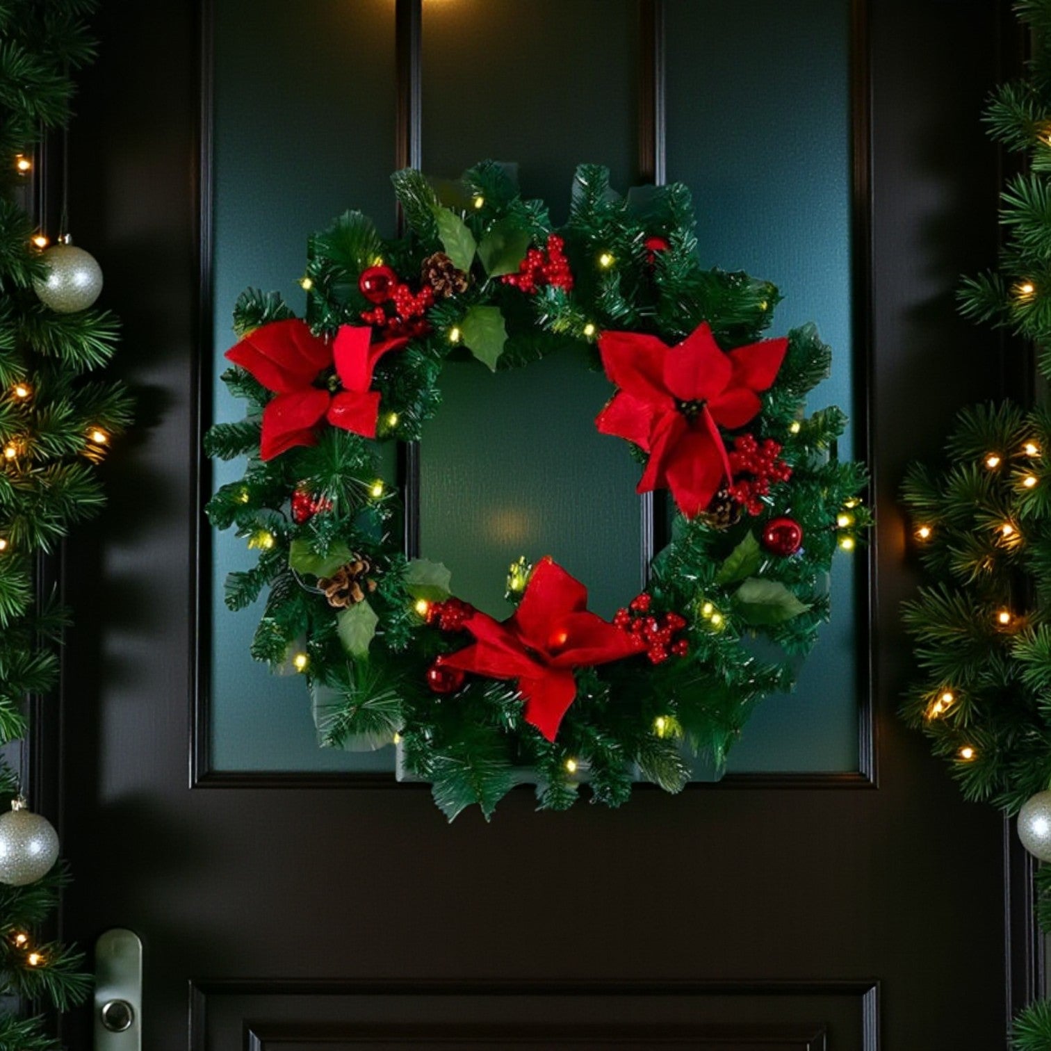Large Pre-Lit Grand Red Poinsettia Wreath
